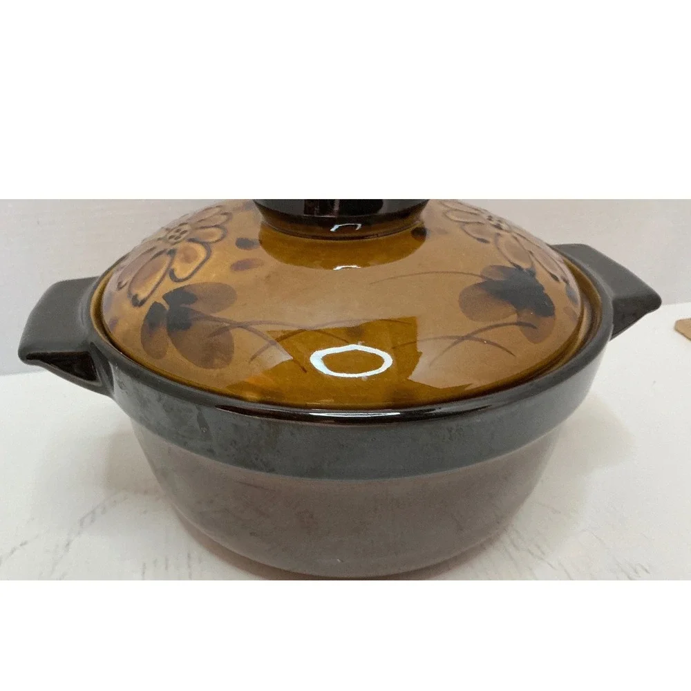Vintage Ceramic Casserole Bean Pot with Lid Brown Floral Oven Proof Stoneware